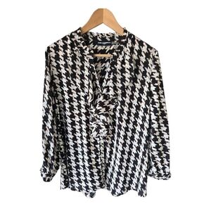 Karl Lagerfeld Paris Ruffle Blouse Sz L Brown Black Pearl Buttons Down Light